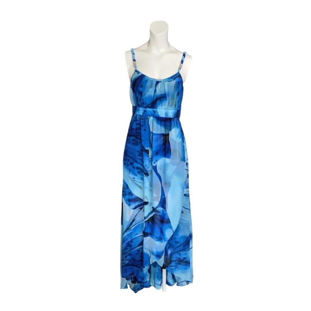 WHBM Watercolor Floral Braided Straps Faux Wrap Midi Dress Blue 4 Resort Summer